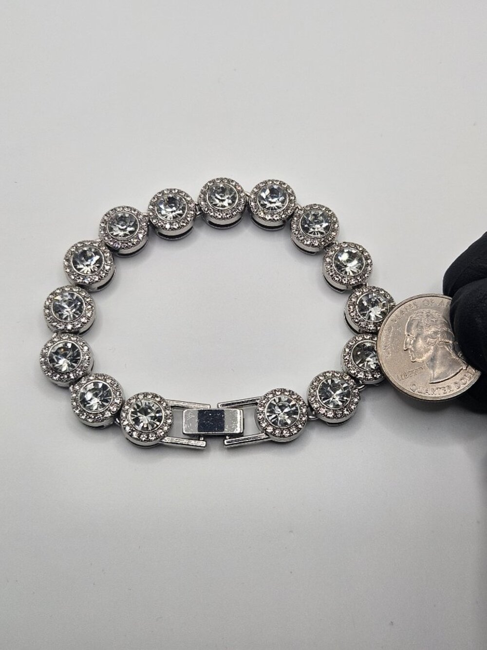Stainless Steel AAA CZ Cluster Halo Link Bracelet 8" Silver - Picture 3 of 4